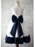 Ivory Lace Navy Blue Trim V Back Big Bow Knee Length Flower Girl Dress  